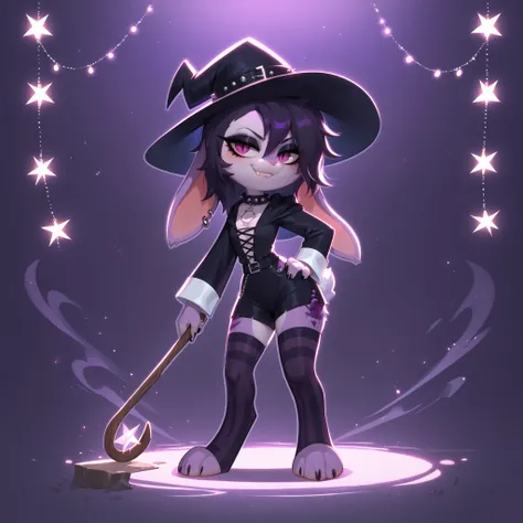 (score_9, score_8_up), score_7_up, score_6_up, best quality, highest quality, Goth girl, bunny, furry, anthro, standing posed, solo, official style, (witch hat), bunny, (body fur), (purple body, black skin, purple fur), eyelashes, eyeliner, (black hair, pu...