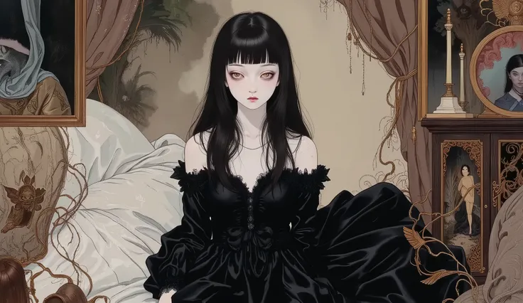 (((nsfw))),1girl,solo,black hair,wearing black dress,doll-like,melancholic,depression,pale skin,dramatic,vivid color,horror and beautifull,by gustavklimt