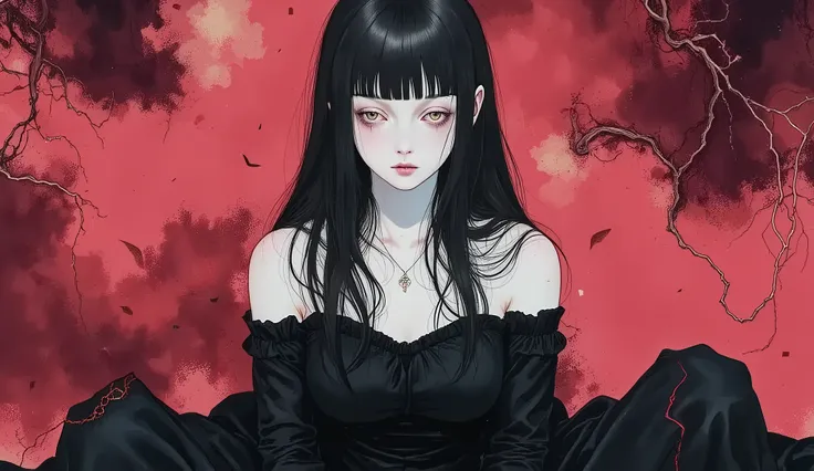 (((nsfw))),1girl,solo,black hair,wearing black dress,doll-like,melancholic,depression,pale skin,dramatic,vivid color,horror and beautifull,by gustavklimt