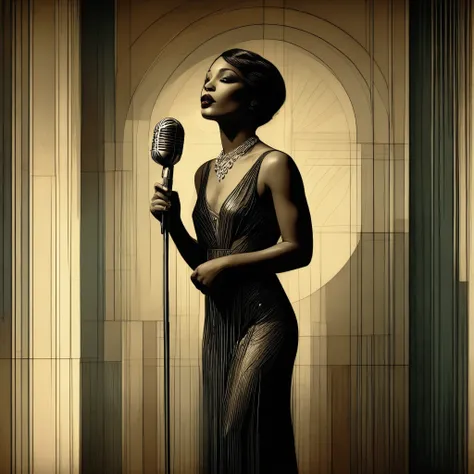 a lithe creole woman singer on stage, set in 1920, old 1920s fashion, fancy, singing proudly, hidden in shadows, old 1920s microphone, art deco style