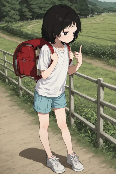 (masterpiece, best quality, highly detailed, ultra detailed), (perfect anatomy, best anatomy, extremely detailed, perfect hand), (perfect leg),(perfect finger), 1girl, kuze shizuka, takopii no genzai, girl, solo, black hair, black eyes, white shirt, blue s...