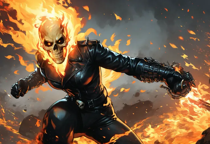 score_9, score_8_up, score_7_up, source_anime, BREAK, Ghost Rider, marvel, (skull:1.1), (flaming skull:1.1), skull, burning, teeth, (female humanoid), (female), female focused, pants, leather,  dynamic pose, flaming gun,