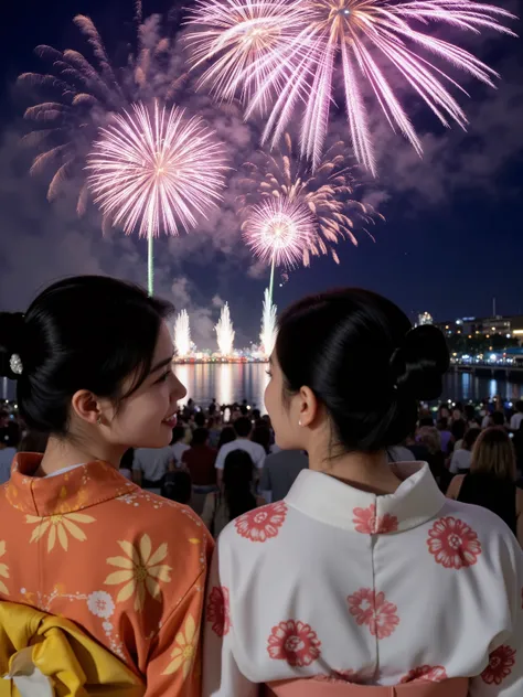 Two Japanese women in yukata stand close together while watching fireworks in the night sky. The women have black hair styled in updos and wear soft expressions with gentle smiles. Their yukata are brightly colored with traditional patterns. Multiple firew...