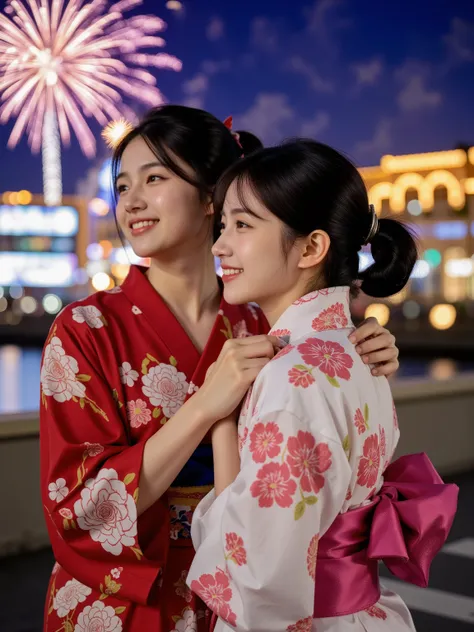 2 Japanese women in yukata, hugging each other and watching fireworks,The expression is soft,with black hair tied up,is smiling,Outdoor summer night sky,watching fireworks,warm atmosphere,High Quality,4K resolution for hard hair,HDR Colours,Realistic,photo...