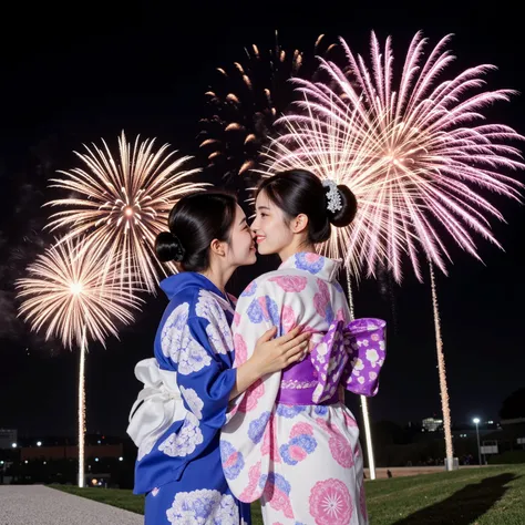 Two Japanese women wearing traditional yukata summer kimonos stand close together while watching fireworks in the night sky. Both women have black hair styled in updos and are smiling softly as they embrace each other's shoulders. Colorful fireworks burst ...