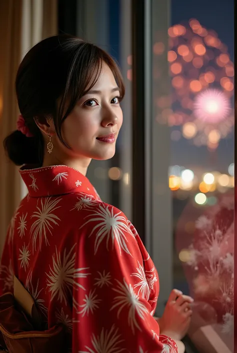 A high resolution close-up photograph of a Japanese adult woman, wearing a fireworks print yukata. 
Her hairstyle is dark hair tied back.
She has amber eyes, a petite body and flawless porcelain-white skin. 
She stands the large window in luxury hotel room...