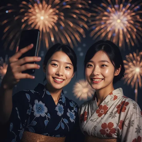Realistic image、realistic photo style、 woman in a yukata、launch fireworks with your hands above your chest、selfie