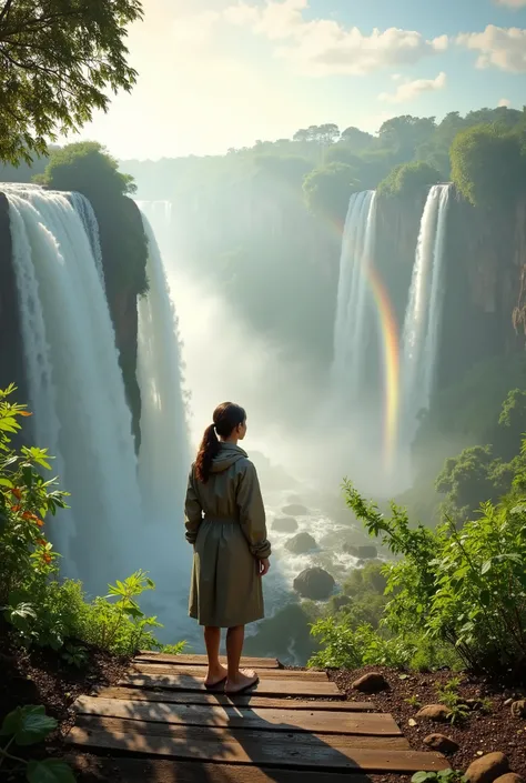 Solo travel girl in waterproof jacket, standing on wooden viewing platform with the massive Iguazu Falls roaring in the background, rainbow in the mist, lush green jungle, dramatic atmosphere, cinematic lighting, vibrant colours, intricate details, photore...