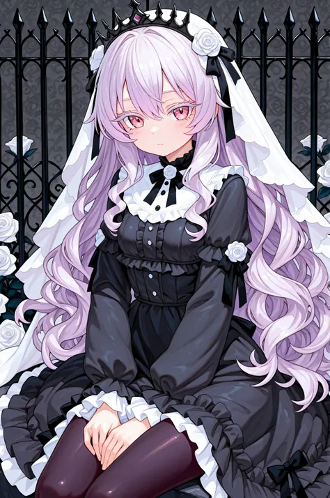 High Quality Masterpiece Detailed description 1 girl light purple hair Voluminous Lashes Wavy hair ends slim body small breasts (black dress frills and large ribbon decorations Black tights) cute pink eyes (White Veil black crown) Composition seen from ...