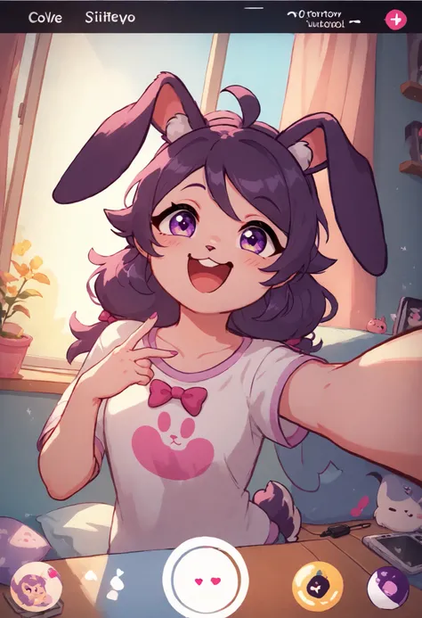 score_9, score_8_up, score_7_up, score_6_up, concept art, In the style of TOK, a cute kawaii purple furred cute bunny girl, comfy, cozy, very cute, happy, little poof ball tail, wearing a cute comfy outfit, live streaming, taking a selfie, floppy bunny ear...