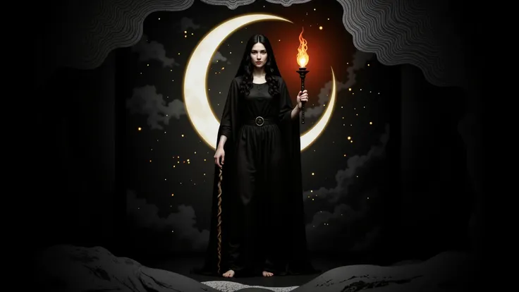 Hecate, the Greek goddess of magic and mystery, is depicted full-length within a large, luminous crescent moon. She stands with an enigmatic and powerful expression, dressed in a long, flowing black robe that drapes her sculptural body. Her hair is long, w...