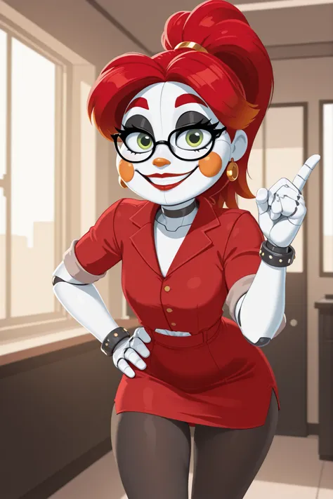 1 robot girl, ponytail, muted colors, alone, red hair with yellow gradient tips, red secretary dress, looking at viewer, wears glasses, orange cheeks and nose, big eyebrows, big black eyeliner, big eyelashes, bracelets, robotic joints, cartoon style, discr...
