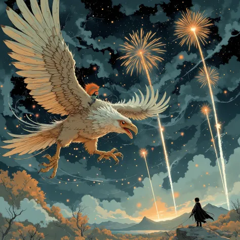 This imaginative illustration evokes、It depicts the majestic Garuda soaring through fireworks launched into a tranquil night sky、with wings spread wide、The delicate texture of the feathers stands out、It doesn't look like、The shades of gray and brown stand ...