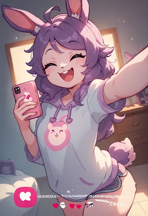 score_9, score_8_up, score_7_up, score_6_up, concept art, In the style of TOK, a cute kawaii purple furred cute bunny girl, comfy, cozy, very cute, happy, little poof ball tail, wearing a cute comfy outfit, live streaming, taking a selfie, floppy bunny ear...
