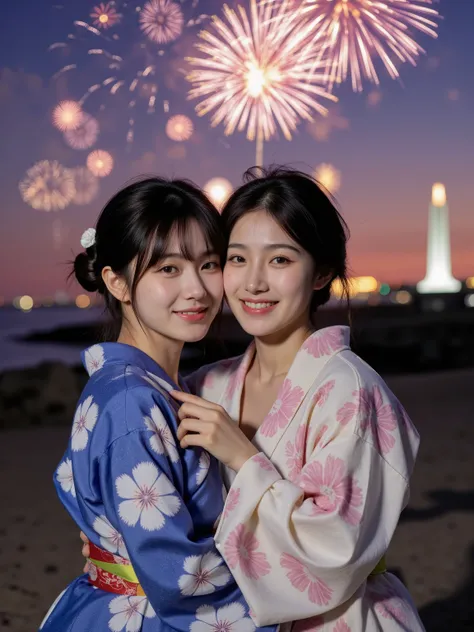 2 Japanese women in yukata, hugging each other and watching fireworks,The expression is soft,with black hair tied up,is smiling,Outdoor summer night sky,watching fireworks,warm atmosphere,High Quality,4K resolution for hard hair,HDR Colours,Realistic,photo...