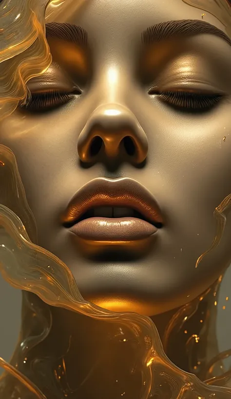 golden female face, estado, arte abstrata, 3D trend, se desintegrando, imagem completagolden female face,estado abstrato,3D trend,se desintegrando,imagem completa,rosto em close-up,enigmatic expression,detalhes realistas,dramatic lighting,tons quentes,core...