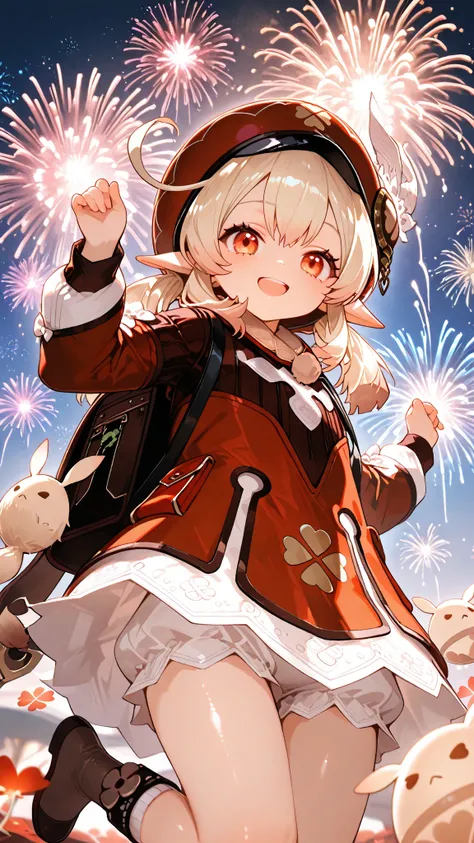 masterpiece , 最High Quality , High Quality , very aesthetic , Newest , Fantastic Scenery , voluminous lighting , depth of field , one girl , 
1girl, solo, klee, klee \(genshin impact\), randoseru, jumpy dumpty, red coat, backpack, bloomers, blonde hair, low twintails, orange eyes, clover print,short stack、elementary school student、flat chest、shiny skin、young face、Smile Yan、has an open mouth、jumping with both hands raised、girl's room、watching viewers、Face gaze、 Fireworks、((打ち上げ Fireworks))、