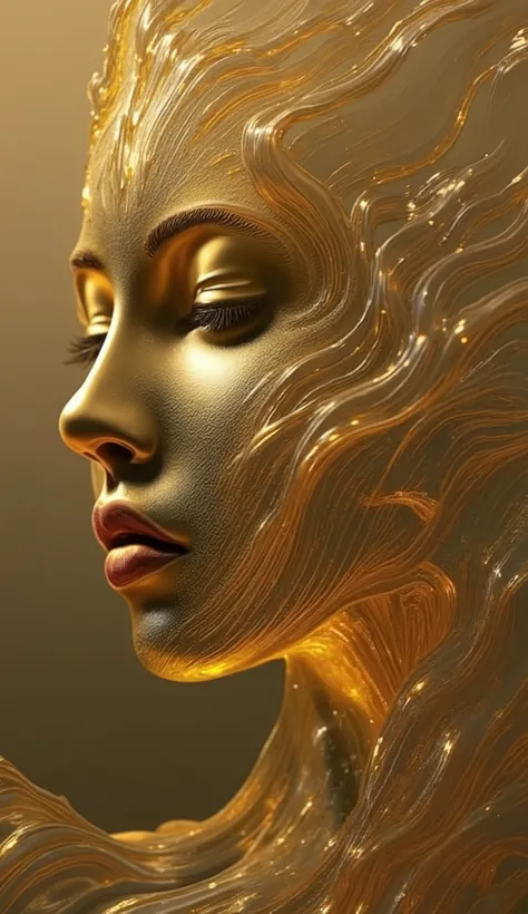 golden female face, Estado, Arte abstrata, 3D trend, se desintegrando, imagem completagolden female face,Estado abstrato,3D trend,se desintegrando,imagem completa,rosto em close-up,enigmatic expression,detalhes realistas,dramatic lighting,tons quentes,core...