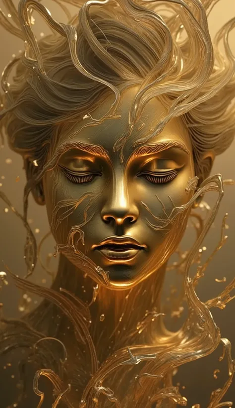 golden female face, Estado, Arte abstrata, 3D trend, se desintegrando, imagem completagolden female face,Estado abstrato,3D trend,se desintegrando,imagem completa,rosto em close-up,enigmatic expression,detalhes realistas,dramatic lighting,tons quentes,core...