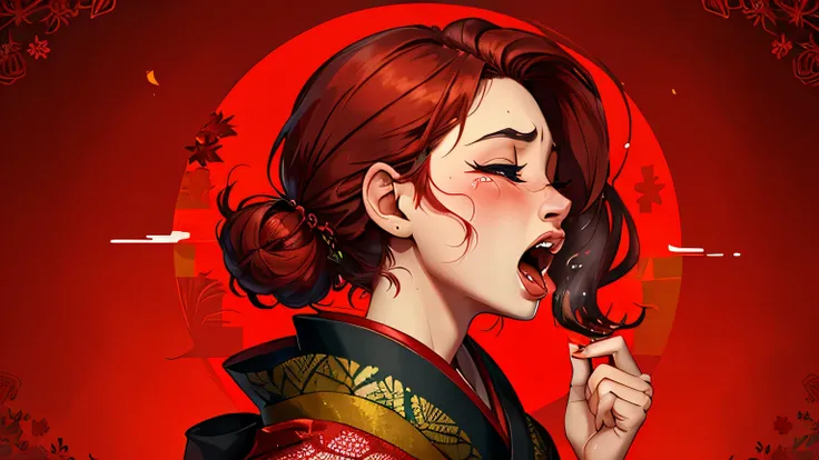 Masterpiece, top quality, artistic composition, beautiful design, creative aesthetic, layered textures, bold expression, poinsettia background, woman, solo, reddish hair, eyes closed, Japanese, stunning red lace and poinsettia patterned kimono, portrait, c...