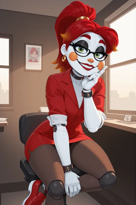 1 robot girl, ponytail, muted colors, alone, red hair with yellow gradient tips, red secretary dress, looking at viewer, wears glasses, orange cheeks and nose, big eyebrows, big black eyeliner, big eyelashes, bracelets, robotic joints, cartoon style, discr...