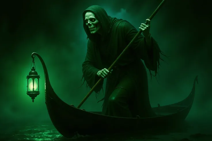 Charon, the skeletal ferryman of Tartarus, fused to the base of a long, ancient gondola. His upper body is gaunt and draped in tattered robes, with hollow glowing green eyes and a skull-like face. A spectral green aura surrounds him and the boat, casting e...
