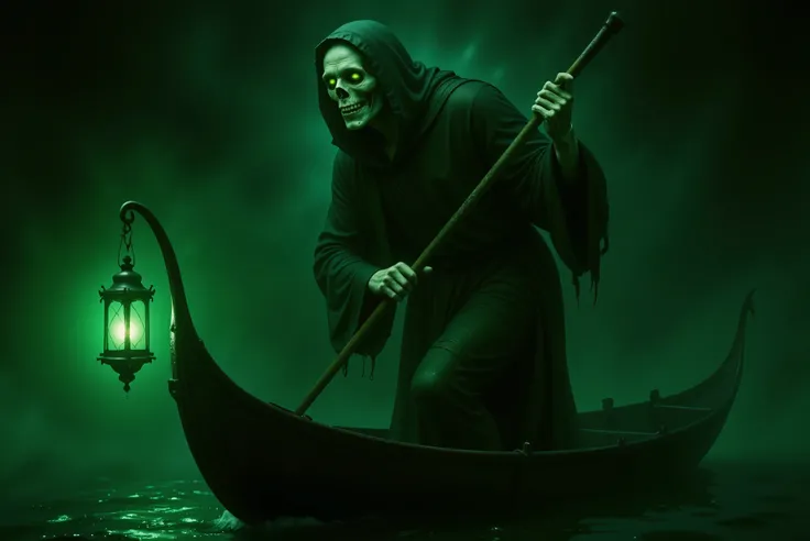 Charon, the skeletal ferryman of Tartarus, fused to the base of a long, ancient gondola. His upper body is gaunt and draped in tattered robes, with hollow glowing green eyes and a skull-like face. A spectral green aura surrounds him and the boat, casting e...