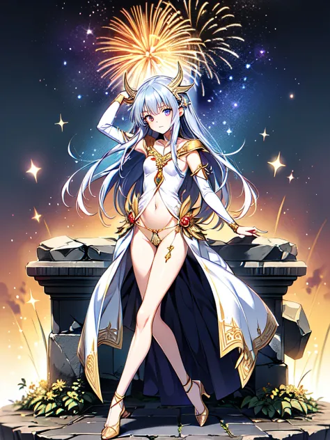(night sky), fireworks, (metallic accessory), dancing(ethnic priestess), (gold embroidered garment), (sharp thong)(highleg), narrow constricted waist, small hips, (dark color)eyes(highlights), slender legs, fantasy, mythical altar, (stone sculpture)encrypt...
