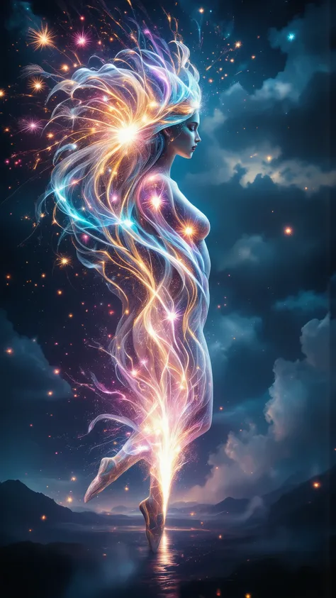 Surrealistic digital art masterpiece depicting ethereal female silhouette emerging from spectacular firework display against vast night sky. Double exposure technique where flying in a ballet jump woman's silhouette is sculpted entirely from cascading pyr...