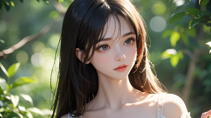 A waist-up portrait of a young woman with clear, delicate facial features and natural expression. Her long, softly flowing dark hair cascades gently over her shoulders. She wears a simple white blouse with subtle folds, and her posture is relaxed yet elega...