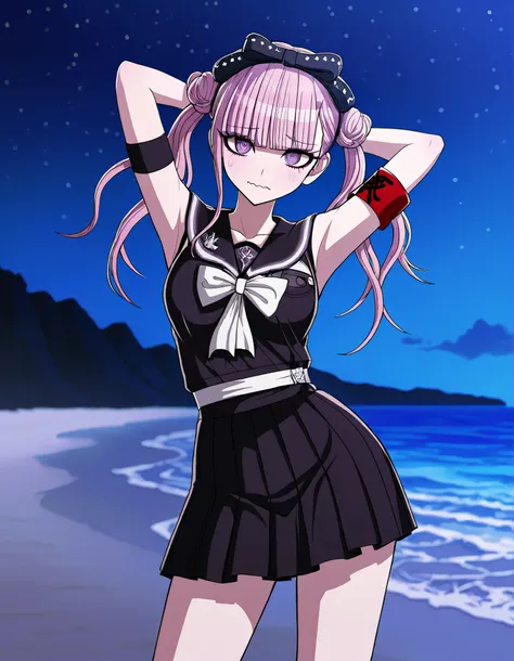 kako, pink hair, purple eyes, twintails, double bun, bow, blunt bangs, black serafuku, black skirt, armband, sleeveless, game screencap, high quality, closed mouth, solo, cowboy shot, night sky, beach, arms behind head, ((contrapposto)), looking at viewer,...