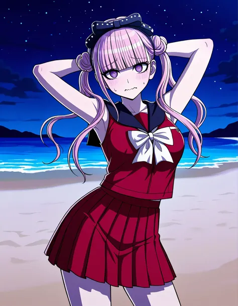 kako, pink hair, purple eyes, twintails, double bun, bow, blunt bangs, red serafuku, black sailor collar, red skirt, sleeveless, game screencap, high quality, closed mouth, solo, cowboy shot, night sky, beach, arms behind head, ((contrapposto)), looking at...