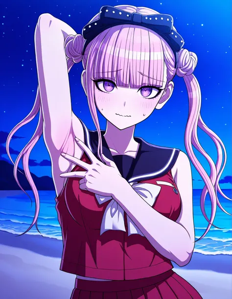 kako, pink hair, purple eyes, twintails, double bun, bow, blunt bangs, red serafuku, black sailor collar, sleeveless, game cg, high quality, closed mouth, solo, upper body, night sky, beach, spread armpit, armpits, armpit focus, v, ((contrapposto)), lookin...