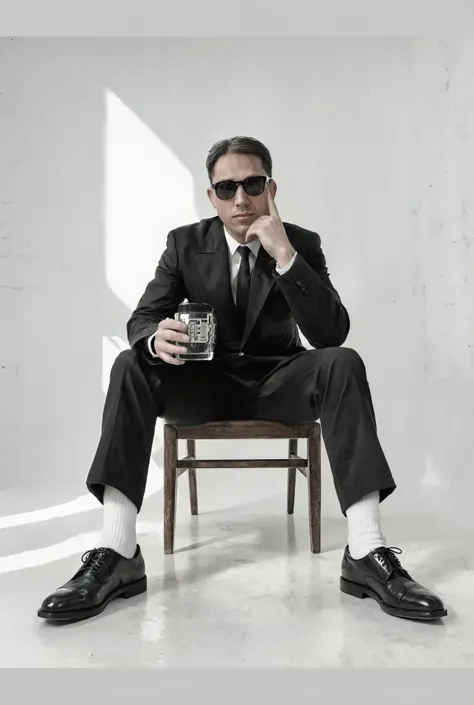 Use my image. Cinematic shot in a sleek black trench coat and boots and black sunglasses, captured in a medium-close shot near a large arched window in an old industrial loft with exposed brick walls. His face is softly
illuminated by narural window ligni,...