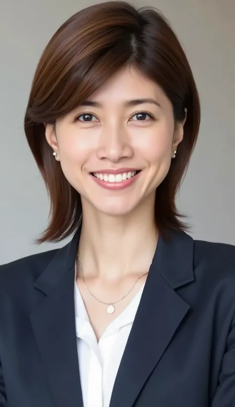 Neat Young Woman、looking at the camera、office lady suit、jacket、shirt、necklace、Ear piercings、hairstyle shortcuts、smile showing teeth、 pale brown hair、The background is office