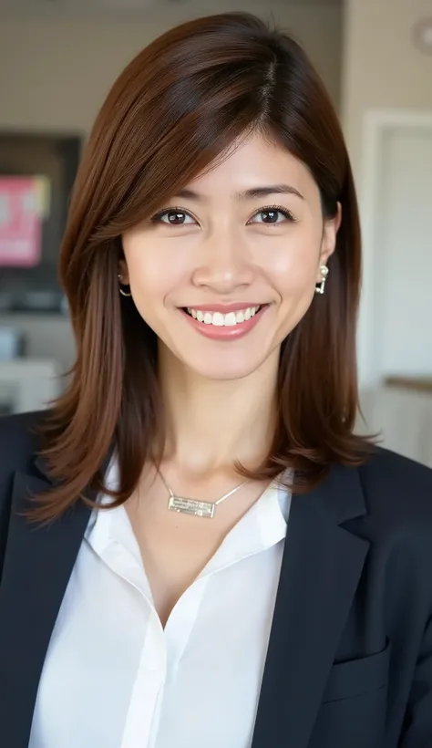 Neat Young Woman、looking at the camera、office lady suit、jacket、shirt、necklace、Ear piercings、、smile showing teeth、 pale brown hair、The background is office