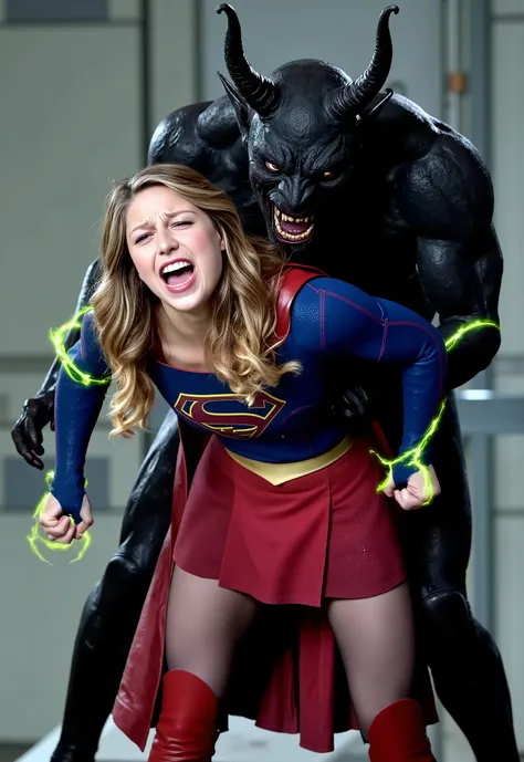 Melissa Benoist as Supergirl, fighting with a strong fierce devils, she is screaming in pain, painful face, screaming and shouting in pain, her arms are tied with green lighting chain, she is wearing a Supergirl costume, blue shirt and very short skirt, re...
