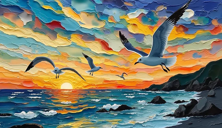 alchogol ink fluid, azure-blue-lime peach yellow bronze red burgundy, in the style of Gustav Klimt, sea sunset seagulls