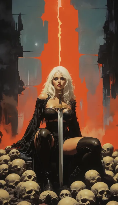Inspired scene of a woman seated atop a pile of human skulls, serious, white eyes, eyeliner, dark eye shadow, red lipstick, curvy white hair, black latex outfit, bra, thong, thigh-high stockings, ankle boots, she holds a large, ornate sword with a golden h...