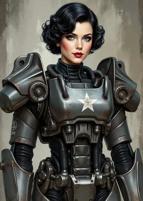 3/4 body shot, armor, t60, robot, An extremely detailed comic book illustration depicting a stunningly beautiful character portrayed by youthful baby faced Gene Tierney nineteen years old wearing a retro 50s T-60 power armor mechanized combat suit from the...