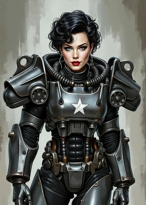 3/4 body shot, armor, t60, robot, An extremely detailed comic book illustration depicting a stunningly beautiful character portrayed by youthful baby faced Gene Tierney nineteen years old wearing a retro 50s T-60 power armor mechanized combat suit from the...