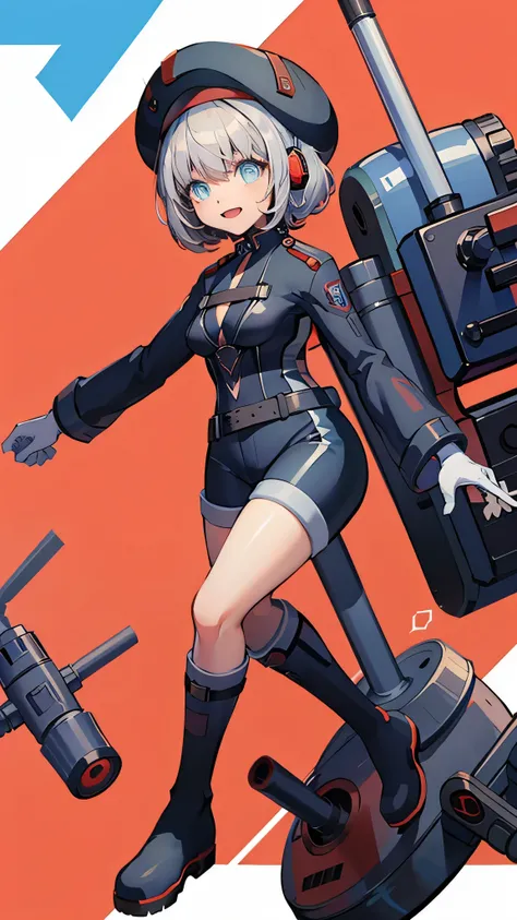 (complete body, best quality, NIKKE style, anime), 1 girl, solo, Vesti(NIKKE), nervous, happy, blue eyes, white hair, black military uniform, shorts, gloves, beret, boots, missile launcher, headphones, military base behind, day, colorful.