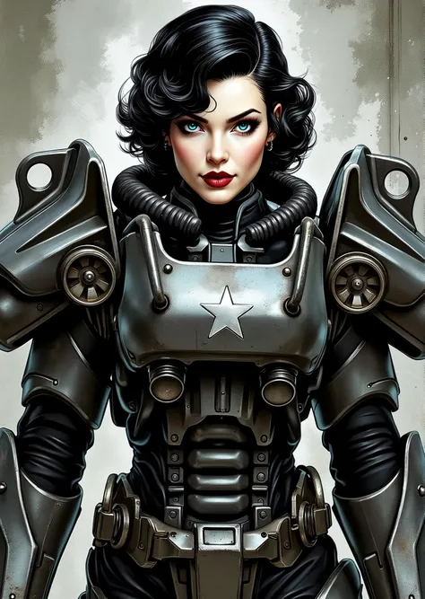 3/4 body shot, armor, t60, robot, An extremely detailed comic book illustration depicting a stunningly beautiful character portrayed by youthful baby faced Gene Tierney nineteen years old wearing a retro 50s T-60 power armor mechanized combat suit from the...