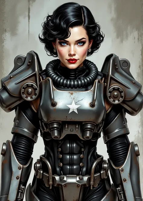 3/4 body shot, armor, t60, robot, An extremely detailed comic book illustration depicting a stunningly beautiful character portrayed by youthful baby faced Gene Tierney nineteen years old wearing a retro 50s T-60 power armor mechanized combat suit from the...