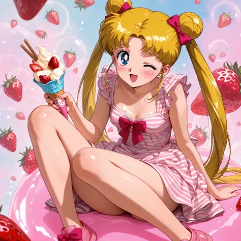 masterpiece, amazing quality, best quality, ultra-detailed, 8K, illustration, clear skin, ultra-detailed-eyes, soft skin, very awa, very as2, soft body, 1990s \(style\), official art, 1girl, usagi tsukino, blonde hair, blue eyes, double bun, hair bun, long...