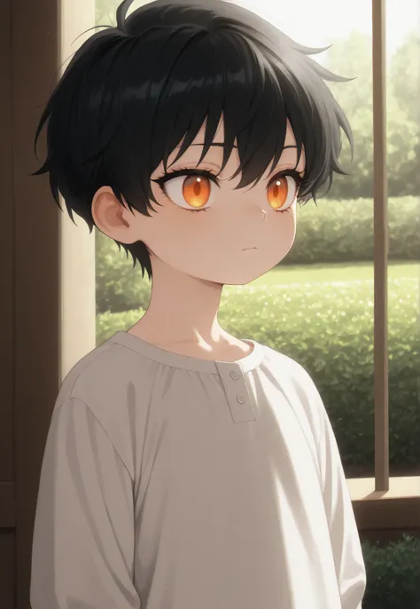 masterpiece, best quality, newest, safe, good anatomy, good resolution, good lighting. beautiful, anime, , adorable, delicate features. child, black hair, short hair. Intense Orange Eyes. black eyelashes, piel clara. He is 6 years old. Alone, Looking at t...