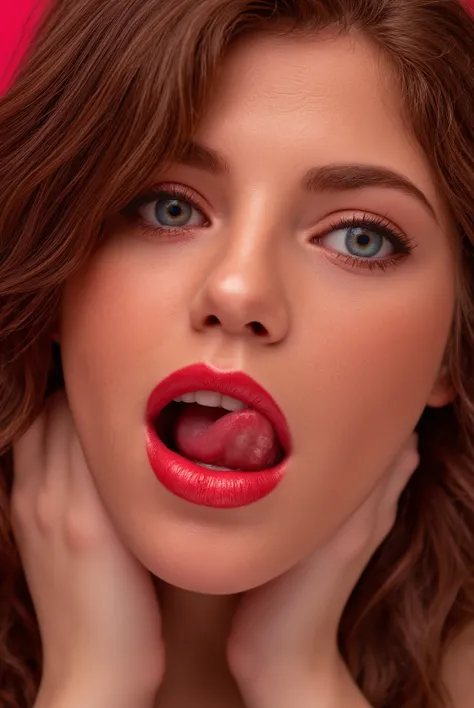 Red themed color,aidmarealisticskin,(masterpiece, photorealistic, 4k) , close-up of seductive woman, sxxxymouth, parted lips, tongue on upper lip, smooth pale skin, petite, perky round breasts, voluminous long wavy hair that cascades over her shoulders, bi...