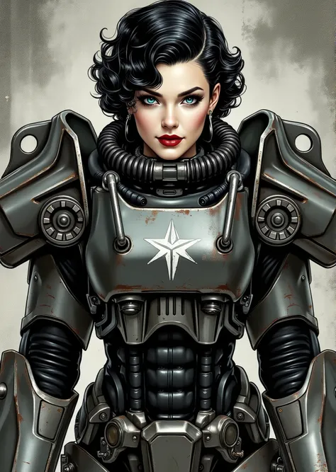 3/4 body shot, armor, t60, robot, An extremely detailed comic book illustration depicting a stunningly beautiful character portrayed by youthful baby faced Gene Tierney nineteen years old wearing a retro 50s T-60 power armor mechanized combat suit from the...