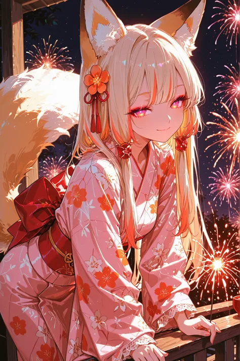 beautiful woman, fox girl, kemonomimi, anthropomorphic fox, beautiful woman, pink yukata with orange and white floral patterns, red obi with golden obijime, lace details on yukata and obi, obi tied in ribbon shape at the back, beige long hair, hair accesso...