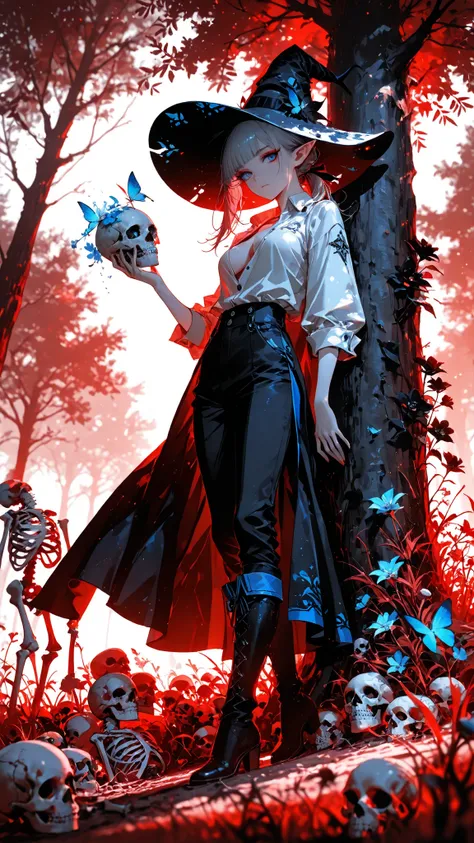 masterpiece, sharp detail, intricate detail,  1girl, (rella, konya karasue), pointy ears, blue eyes, long eyelashes, red eyeliner, silver hair, asymmetrical hair, black hairband, medium breasts, blunt bangs, long low ponytail, dynamic pose, full body,  loo...